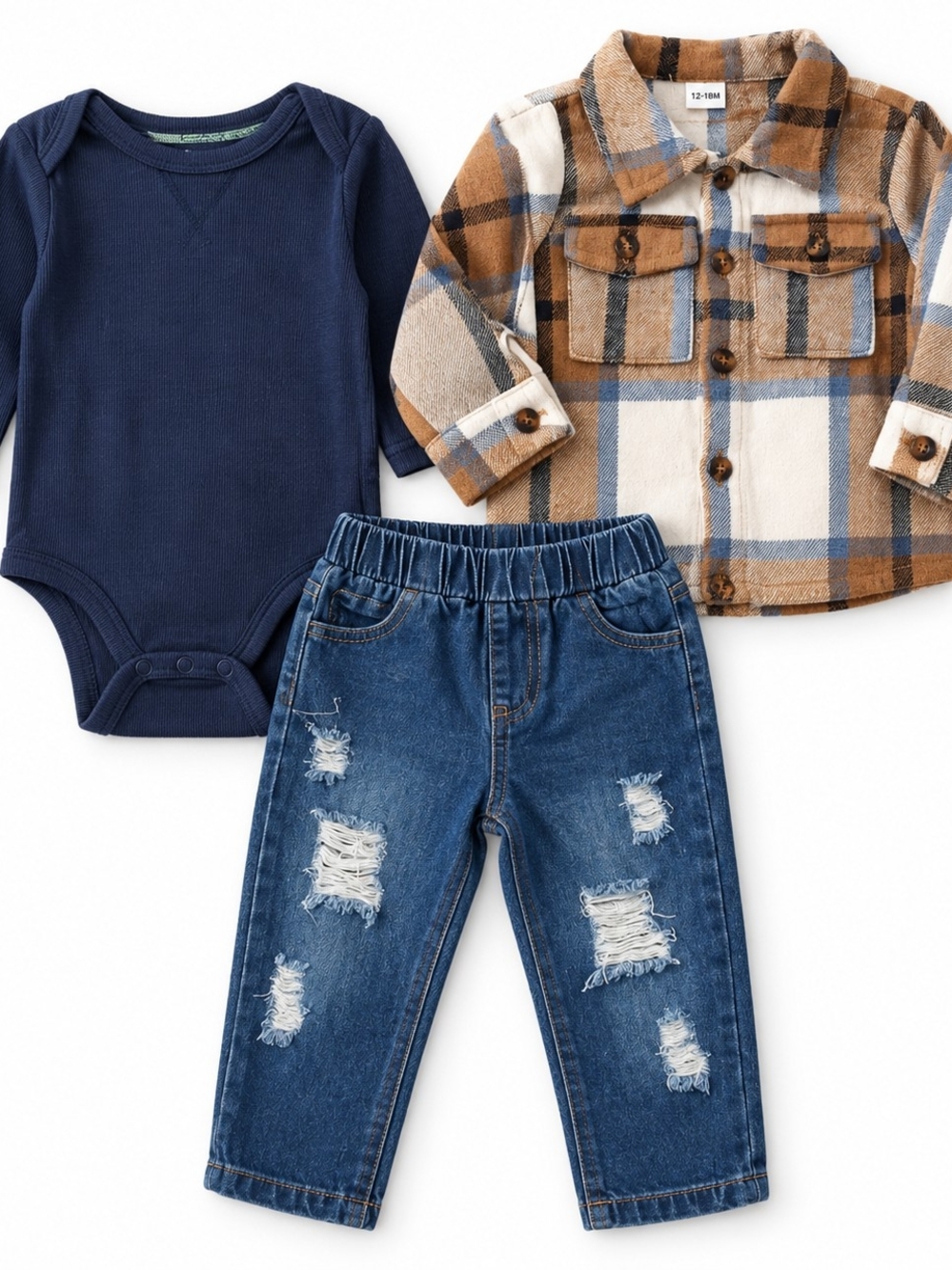 Trendy Baby Boy 3-Piece Outfit 12-18M Plaid Shacket Bodysuit & Distressed Jeans